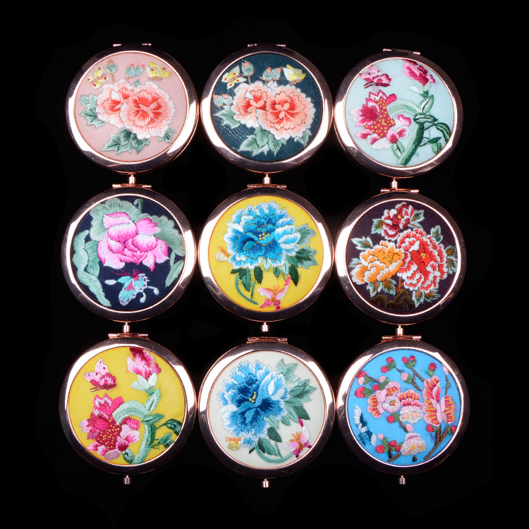 桐梓化妆随身镜精品出国送礼刺绣中国风古风摄影 手绣镜子